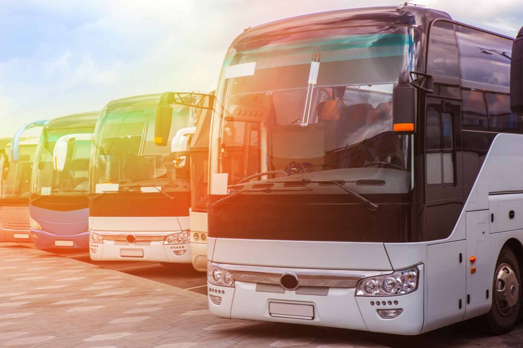 Line of parked tour buses under a sunny sky with lens flare.