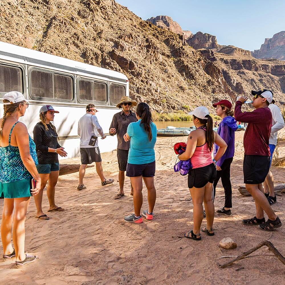 Group of people getting instructions from Hualapai River Runners guide
