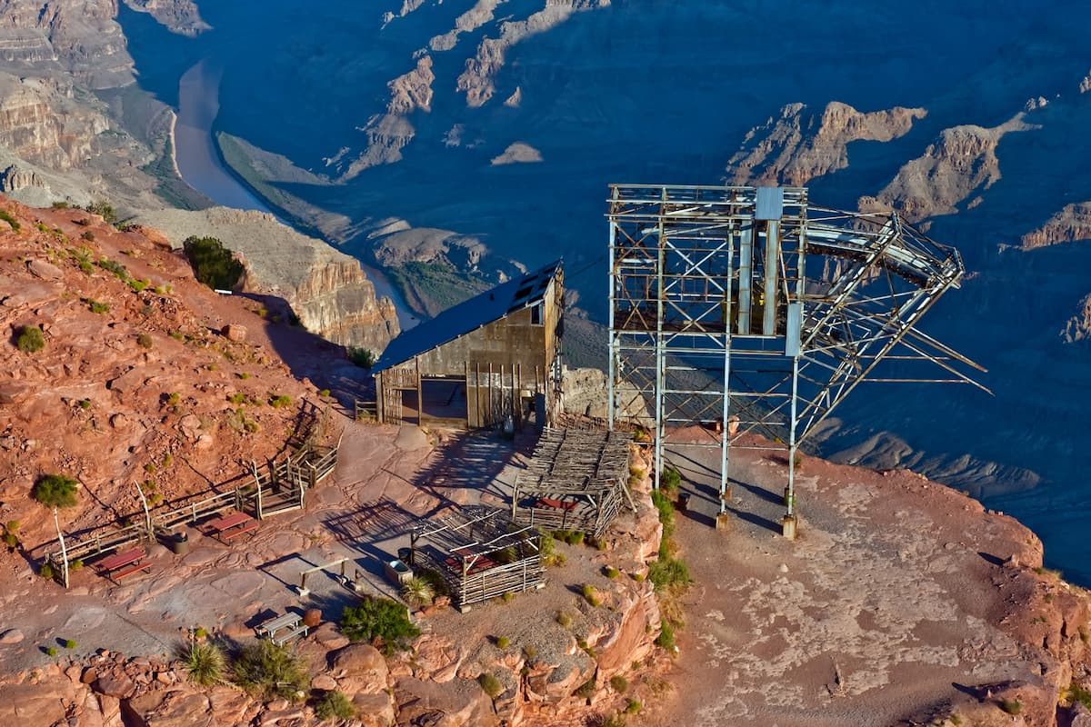 Guano Point: A Grand Canyon View with a Story Aerial view of the historic tramway structure at Guano Point, Grand Canyon West.